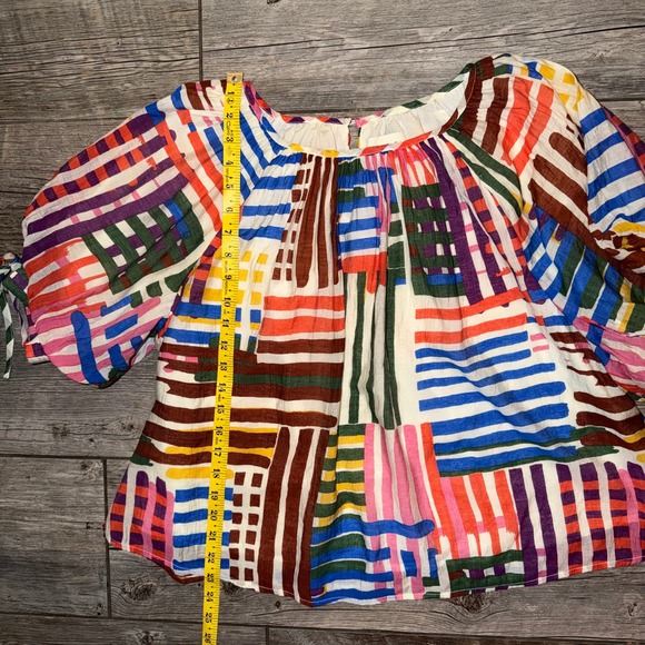 PINCH Patchwork Stripe Square Neck Puff Sleeve Tie Cuff Blouse Top M - Picture 6 of 7